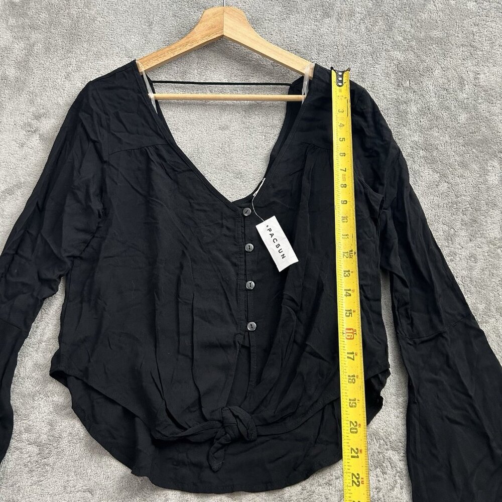 LA HEARTS Shirt Womens Small Black Flare Sleeve Top V-Neck Front Tie Casual - Picture 2 of 12